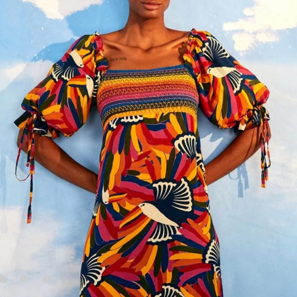 FARM Rio Rainbow Toucans Smocked Maxi Dress